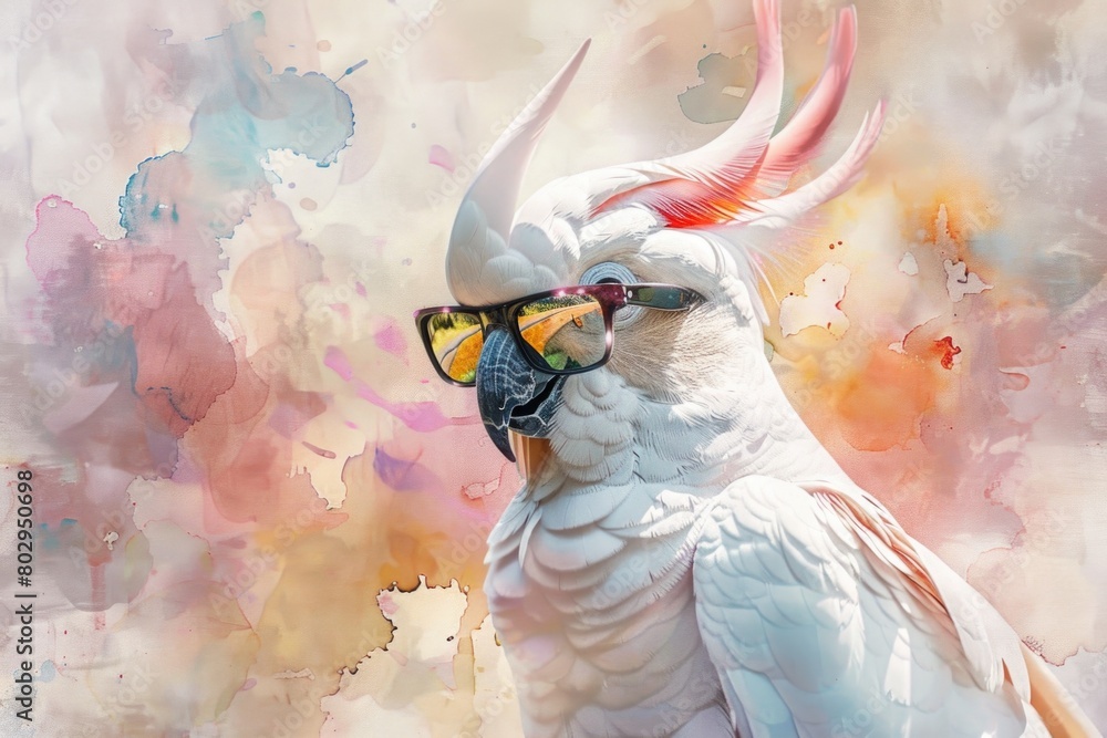 Poster a colorful painting of a cockatoo wearing sunglasses. perfect for adding a fun touch to any project