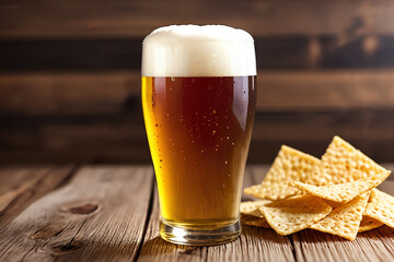 A large glass of beer on a wooden table with a snack. close-up.