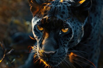 A detailed view of a leopard's face, focusing on its striking yellow eyes. Perfect for wildlife or animal-themed projects