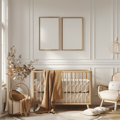 Nursery room gallery wall frame mockup in white room with wooden furniture and, 3d render