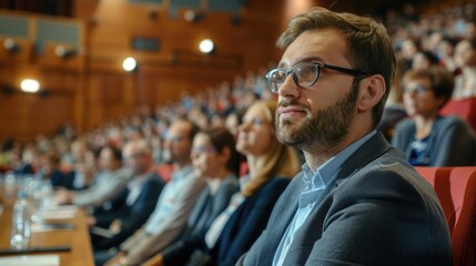 Fototapeta premium Portrait of confident businessman sitting in seminar hall