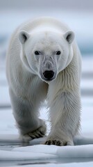 A roaming polar bear on the Arctic ice, searching for seals, The background will be pure white, facilitating easy background removal for further use