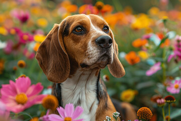 A basset hound with droopy ears sniffing around a colorful flower garden.