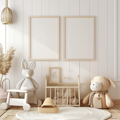 Nursery room gallery wall frame mockup in white room with wooden furniture and, 3d render