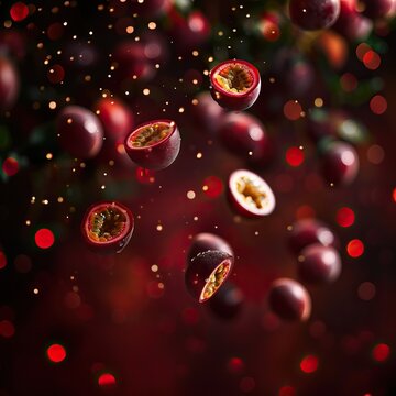 Passion fruit falling in the air with red background.