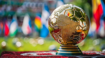 Close-up view of a golden soccer ball trophy at the 2024 world cup, with flags in the background