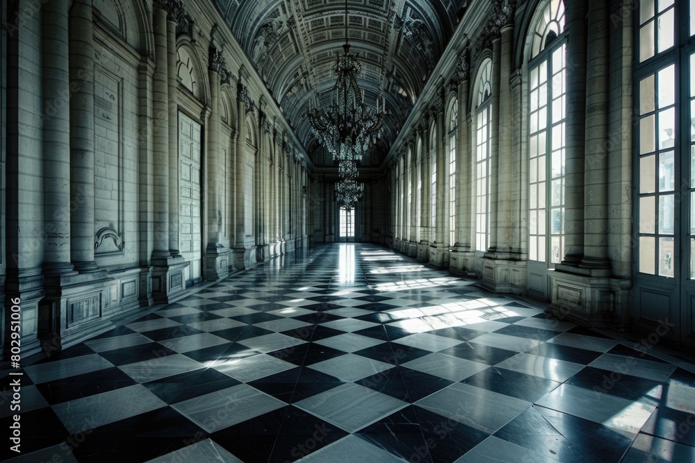 Poster A large room with checkered floor and large windows. Suitable for interior design projects
