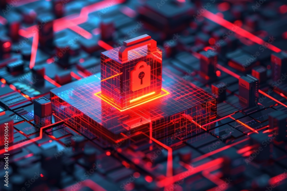 Poster A lock placed on top of a circuit board. Ideal for technology security concepts