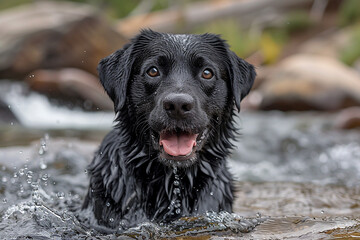 A black Labrador retriever splashing happily in a crystal-clear mountain stream, water droplets sparkling in the sunlight.