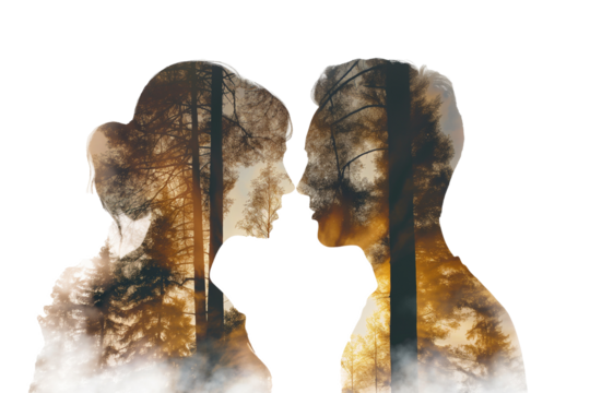 Silhouettes of a young man and woman in double exposure on a transparent background