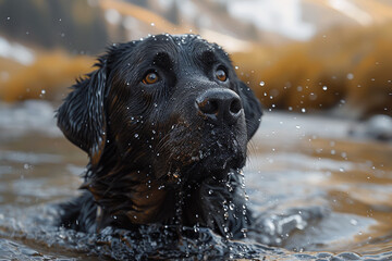 A black Labrador retriever splashing happily in a crystal-clear mountain stream, water droplets sparkling in the sunlight.