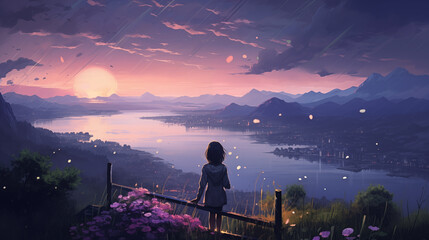 Lonely girl overlooks serene lake at sunset 2D cartoon illustration. Blooming flowers, distant mountains lofi wallpaper background lo-fi art. Solitary figure flat image cozy chill vibe