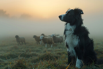 A border collie herding sheep across a vast, rolling countryside.