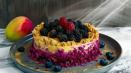   A close-up of a cake on a plate featuring blueberries and raspberries on top