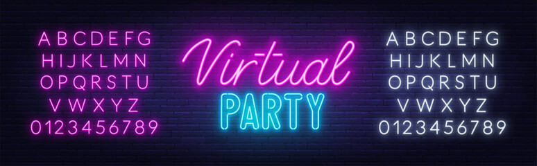 Virtual Party Neon Sign on brick wall background.