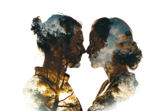 Silhouettes of a young man and woman in double exposure on a transparent background