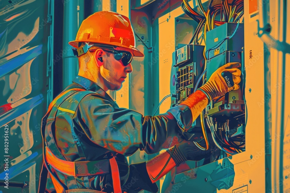 Poster a man in a hard hat operating a machine. suitable for industrial concepts