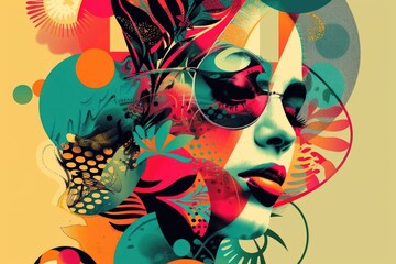 Stylish woman wearing sunglasses with a vibrant and colorful background. Suitable for fashion or summer-themed designs