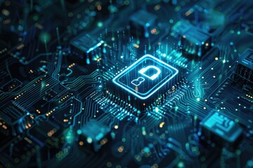 A close-up of a circuit board with a padlock attached. Perfect for technology security concepts