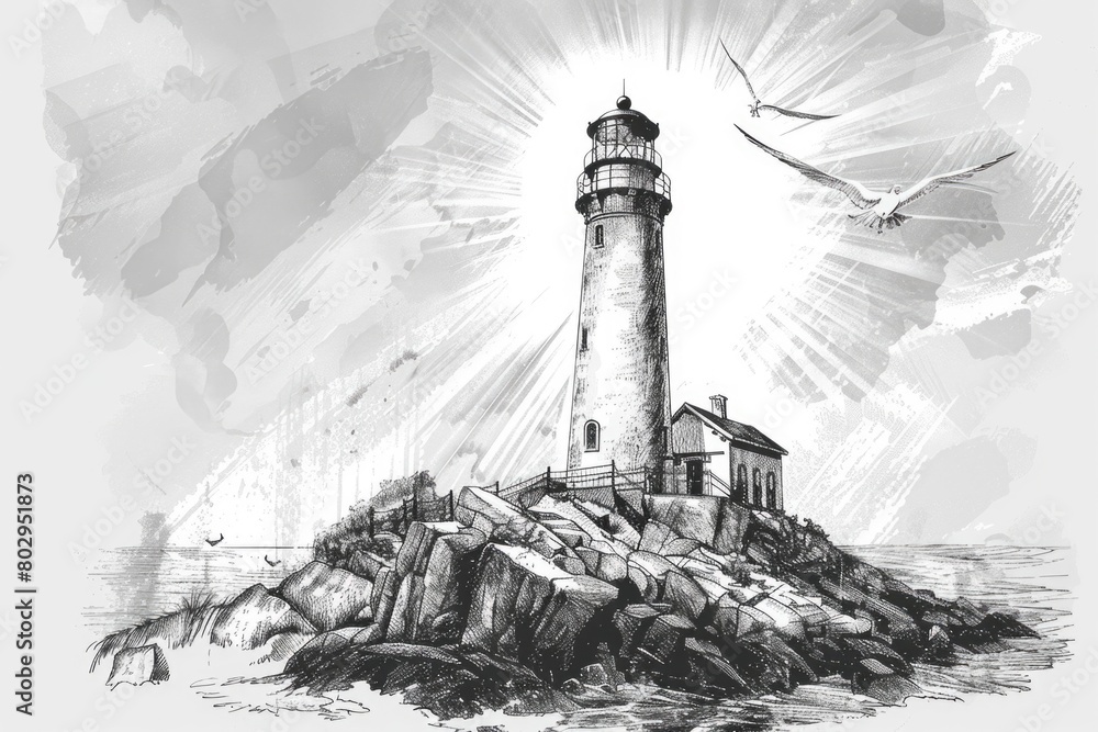 Poster simple black and white drawing of a lighthouse, suitable for various design projects