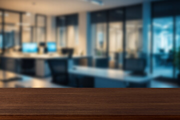On the blurred background of the empty office room, a wooden board rested top the table