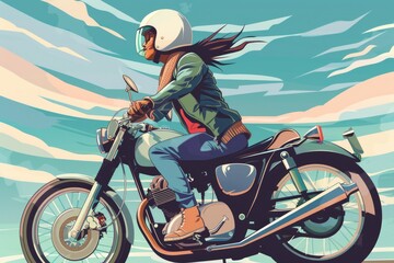 Obraz premium Woman riding a motorcycle with a helmet on, suitable for travel or transportation concepts