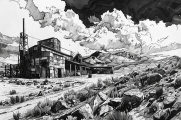 Detailed black and white drawing of a factory, suitable for industrial concepts