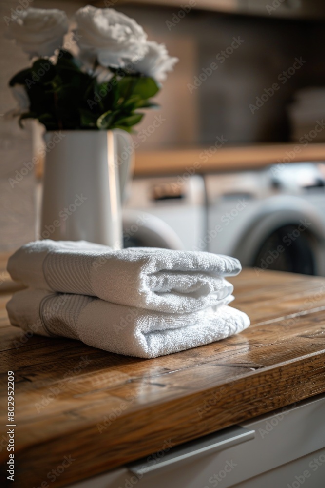 Poster white towels neatly stacked on a wooden counter, suitable for bathroom or spa concepts