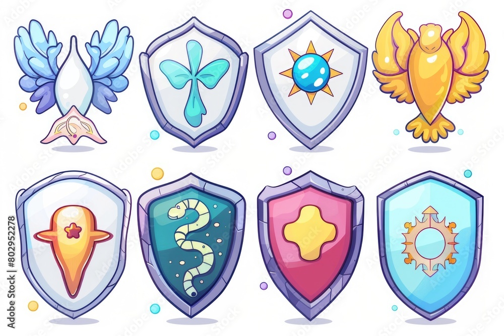 Poster collection of cartoon shields for various designs and projects. ideal for graphic design and educati