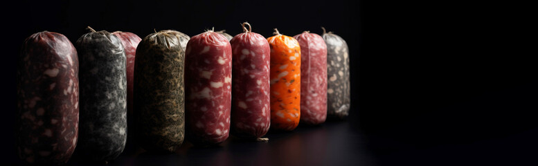 Various salami, sausage in a row, black background. Assorted meat products, menu. AI generated.