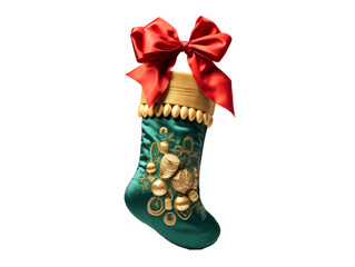 a green and gold christmas stocking with a red bow