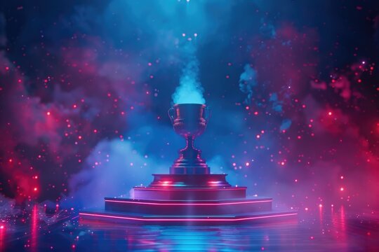 A brightly lit trophy placed on a stage. Suitable for awards ceremonies and competitions