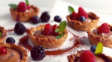  A white plate with mini desserts, each topped with chocolate frosting and fresh berries