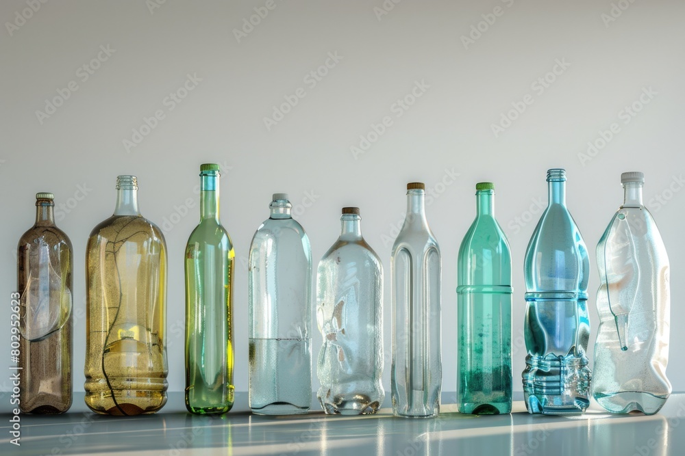 Poster A row of empty glass bottles on a table, suitable for various design projects