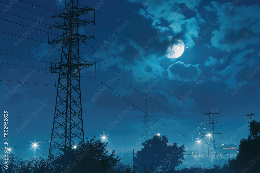 Aufkleber full moon shining behind electrical wires, suitable for science or technology concepts
