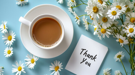 Cup of tea with a handwritten thank you note surrounded by fresh daisies on a bright blue background. Concept of gratitude, appreciation, and warm hospitality.