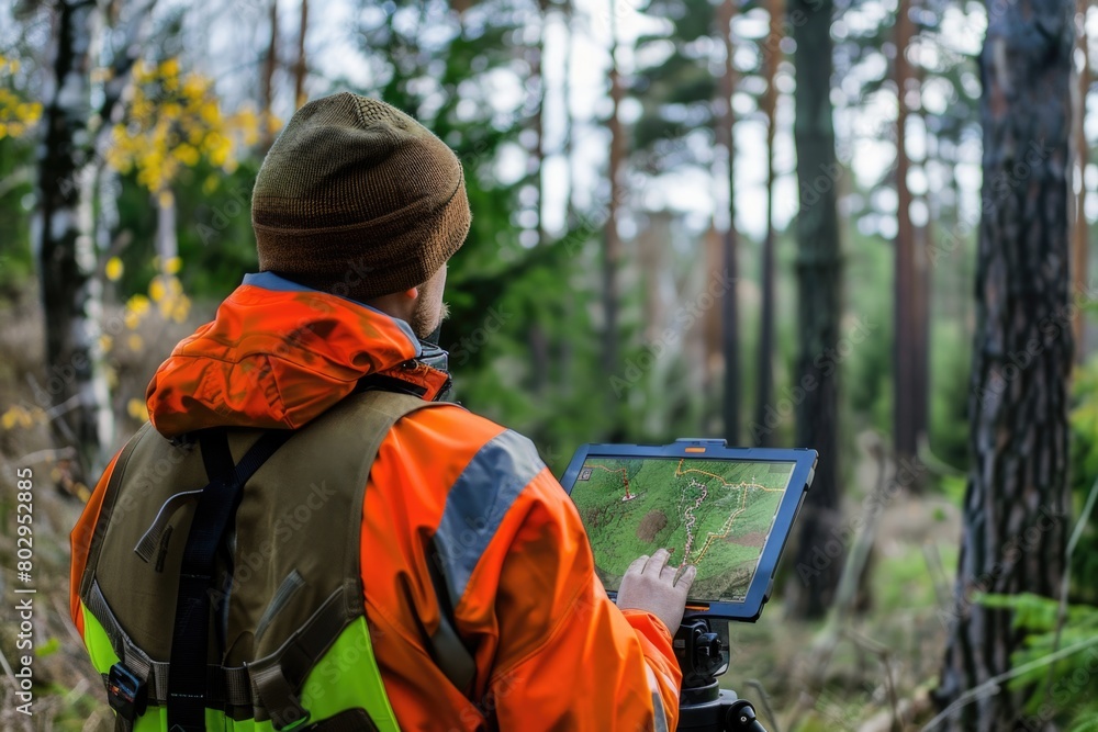 Poster a man in an orange jacket looking at a map. suitable for travel and exploration concepts