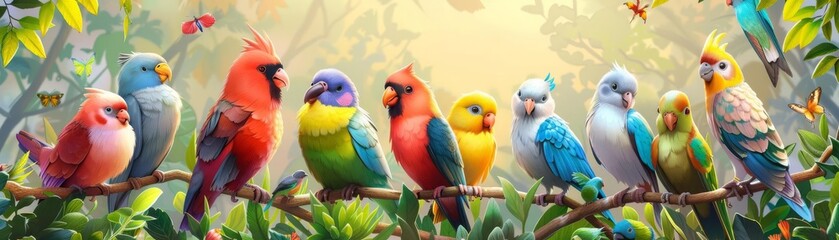 A pastel aviary with a variety of cartoon birds in colorful plumages the scene is vibrant yet soft the lighting is natural