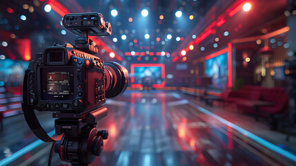 Professional camera set up for recording a live entertainment show. Media production and broadcast concept. Design for film industry brochure, event coverage promotional materials