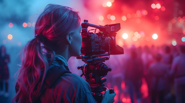 Female videographer filming a live concert event. Media production and creative cinematography concept. Design for digital media workshop, event coverage brochure