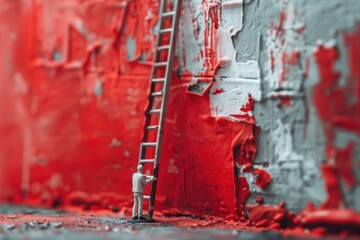 A ladder leaning against a vibrant red painted wall. Suitable for construction or renovation concepts