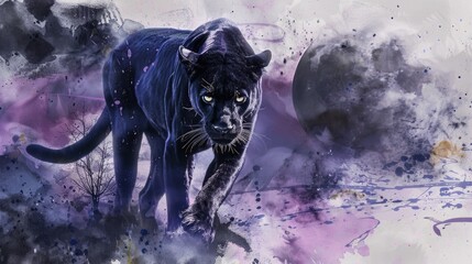 A majestic black panther walking across a beautiful field. Perfect for wildlife and nature concepts