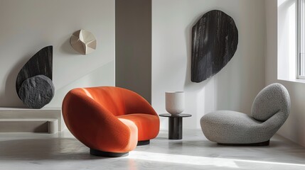 Contemporary living room interior with orange armchairs and white walls.