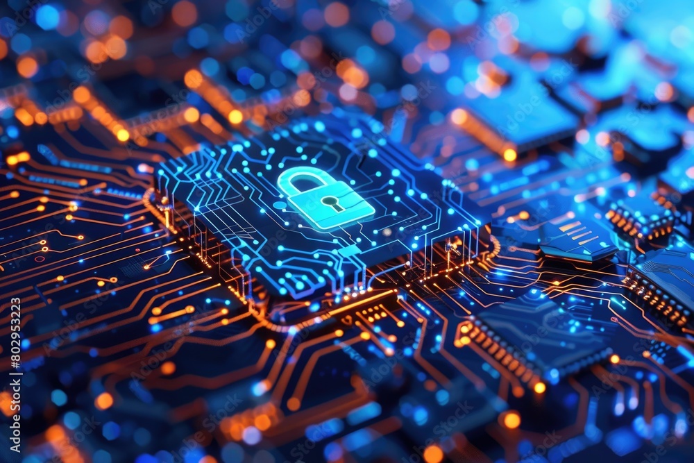 Aufkleber close up of a circuit board with a padlock, perfect for cybersecurity concepts
