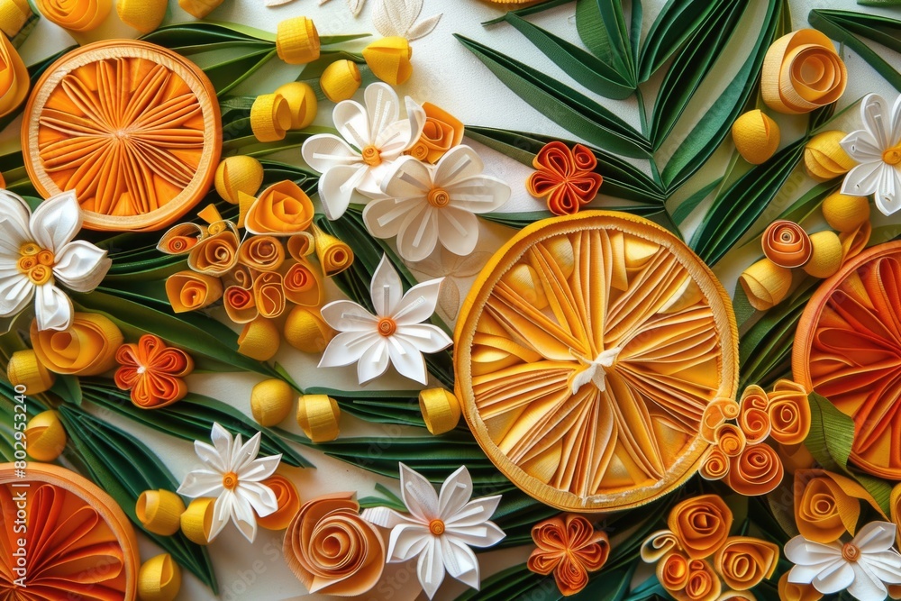 Poster close up shot of oranges and flowers on a table. perfect for food and nature concepts