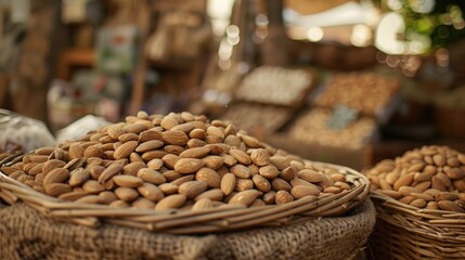 Almond nuts in a wicker basket on a market stall.
