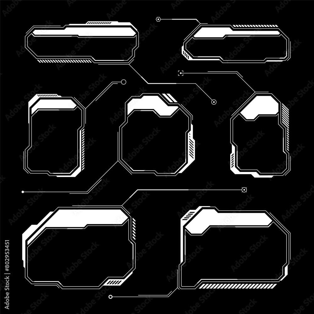 Poster White futuristic HUD, UI elements. Sci-fi user interface text boxes, callouts. Warning message frames, information boxes template. Modern game interface layout in digital style. Vector illustration