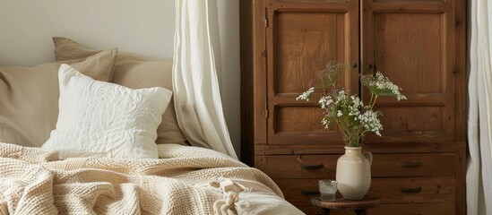 Pillows and a blanket are placed on the cabinet in a khaki bedroom that features wooden furniture, with a white pillow on the bed.