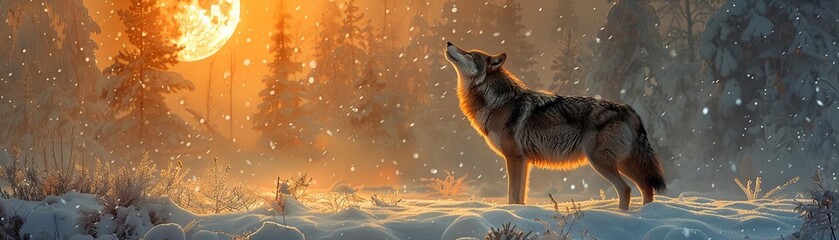 A lone wolf howling under the full moon in a snowy forest, The background will be pure white, facilitating easy background removal for further use