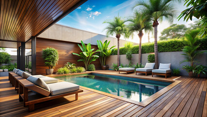 Modern style outdoor pool area with wooden deck and tropical plants surrounding the patio area